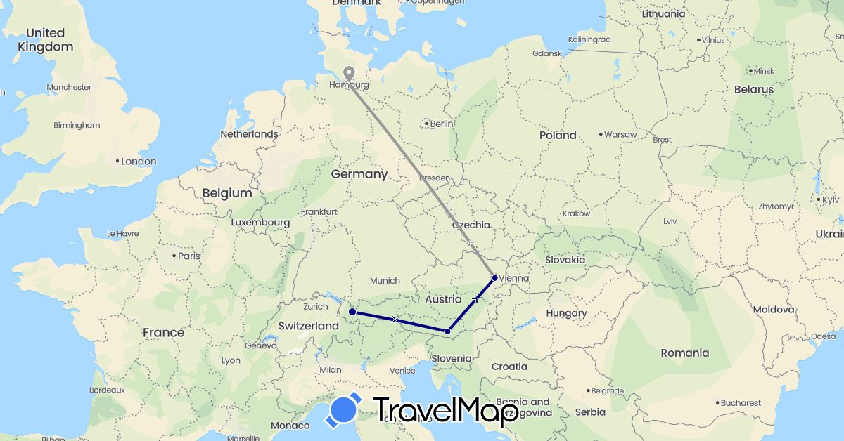 TravelMap itinerary: driving, plane in Austria, Germany (Europe)